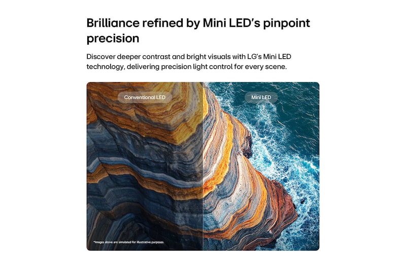 LG QNED AI QNED75 Mini LED highlights how its Mini LED reveals sharper rock textures and clearer ocean detail than conventional LED in a split coastal cliff scene, delivering deeper blacks and more refined contrast for greater clarity and depth.
